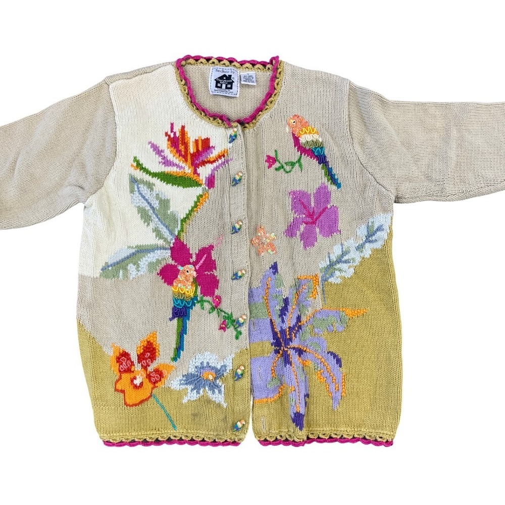 Storybook Knits Beige Parrot Animals flowers Cardigan Sweater Size L - Picture 5 of 5